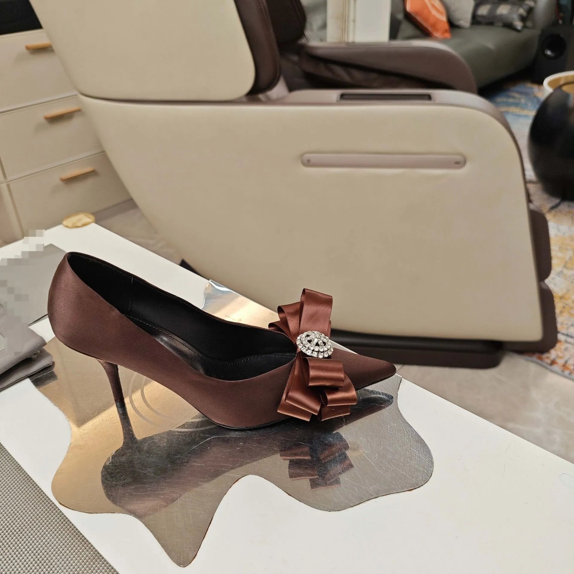 Women's Brown Satin Pointed Toe Stiletto Pumps with Crystal Bow Embellishment