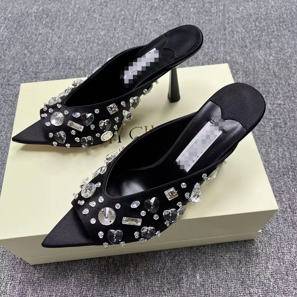 Jimmy Choo Black Satin Crystal Embellished Pointed Toe Mule Heels