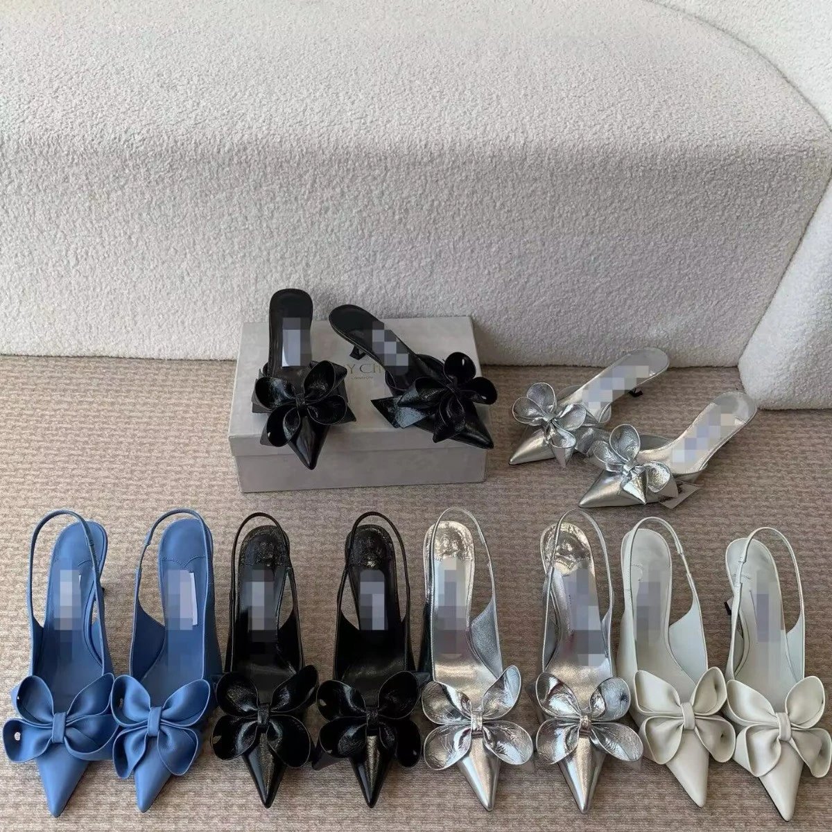 Ycin Women's Bow Slingback Pumps Pointed Toe Kitten Heels Blue Black Silver White