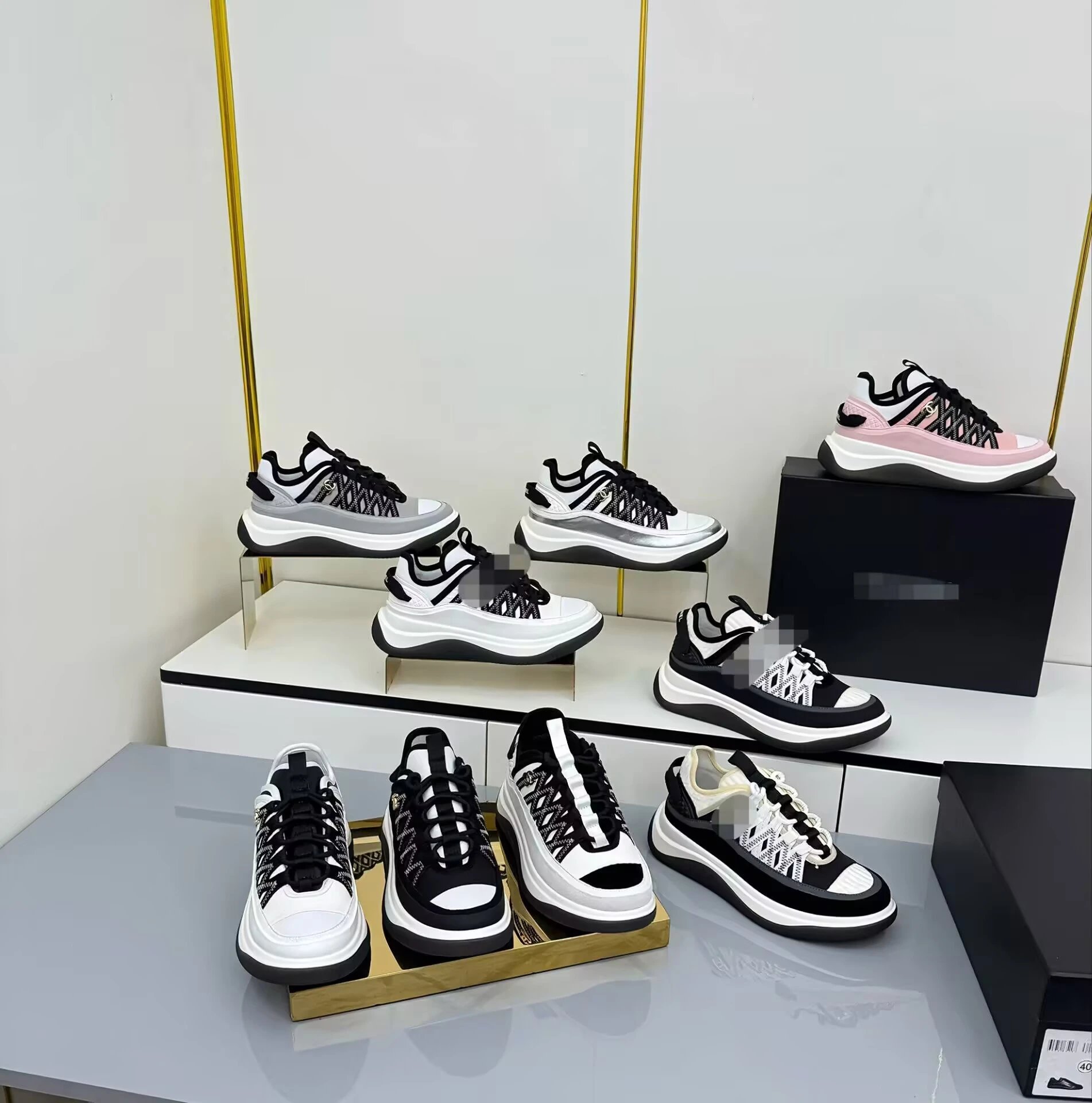 Chanel CC Logo Platform Sneakers White Black Lace-Up Thick Sole