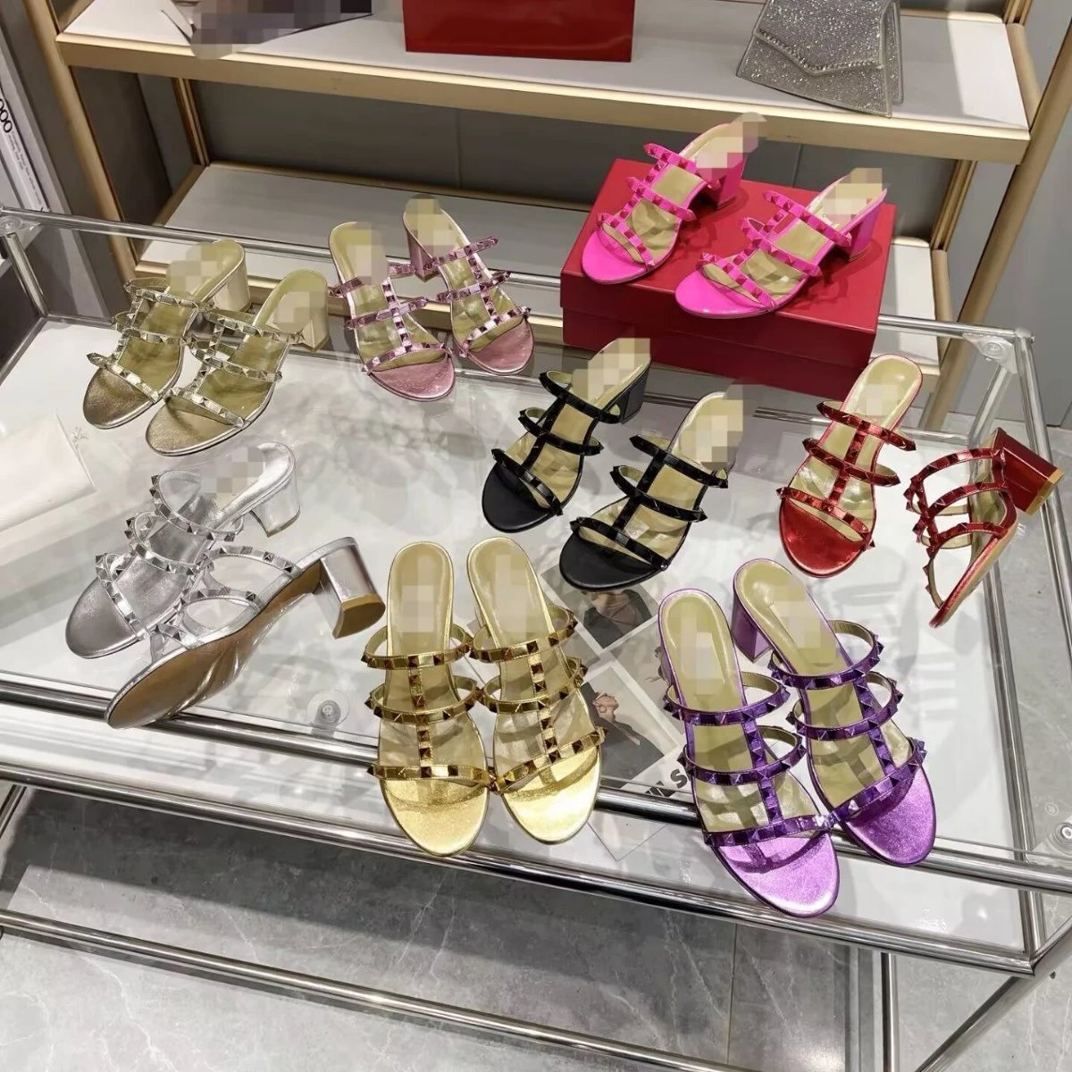 Valentino Rockstud Gold Metallic Leather Block-Heel Sandals