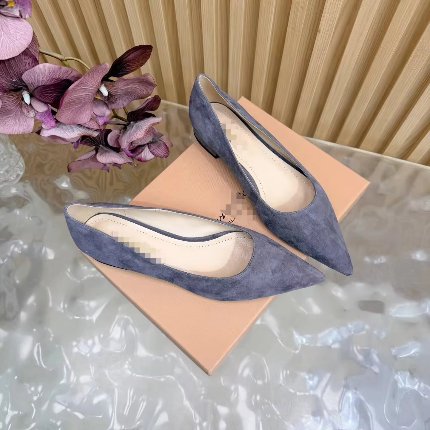 Generic Gray Suede Pointed Toe Flats Low Heel Slip-On Ballet Pumps for Women