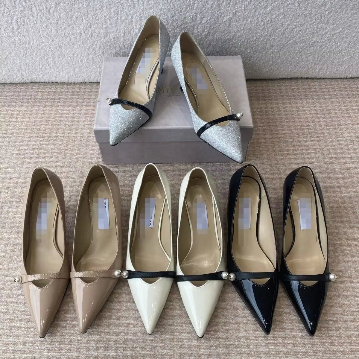 Jimmy Choo Pearl-Strap Pointed-Toe Pumps in Patent Leather & Silver Glitter