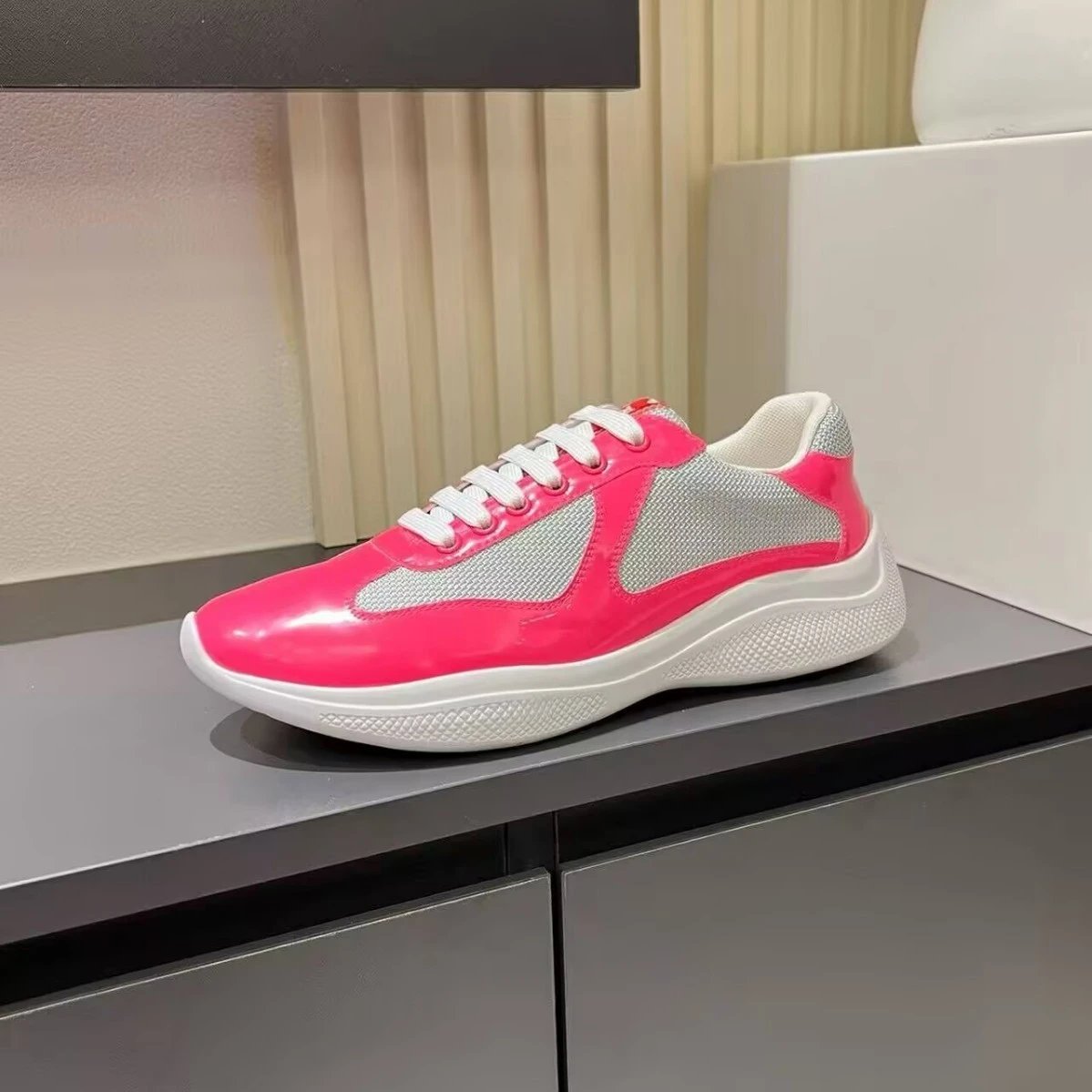 Prada Patent Leather and Mesh Sneakers in Hot Pink with White Chunky Sole