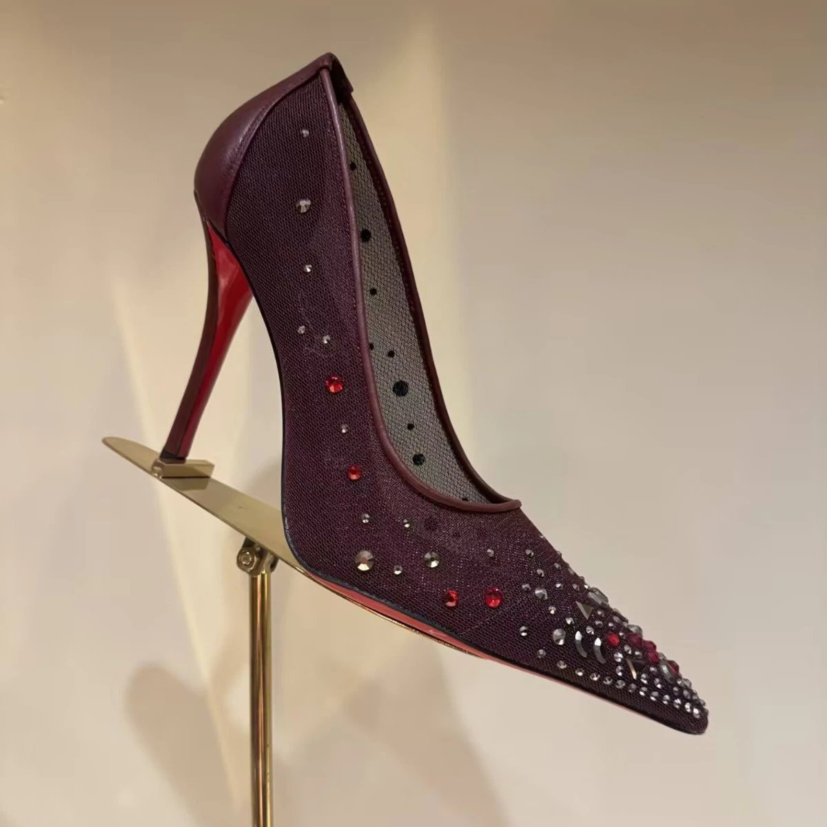 Christian Louboutin Burgundy Crystal Mesh Pointed Toe Stiletto Pumps Red Sole