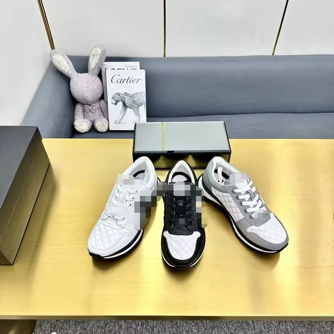 Chanel Quilted Leather Sneakers White Black Gray Low-Top Lace-Up Trainers
