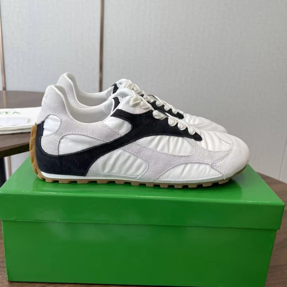 Bottega Veneta Speedster Sneakers in White and Black Suede with Gum Rubber Sole