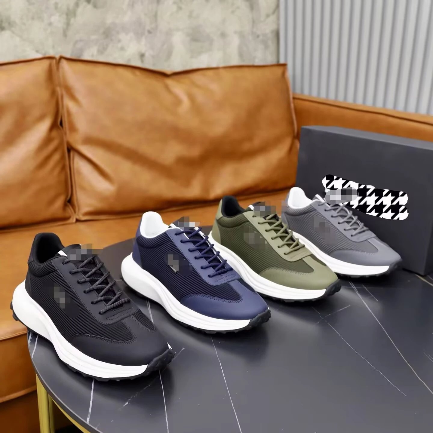 Men's Ribbed Sneakers with Leather Trim & Chunky White Sole - Black, Navy, Olive, Gray