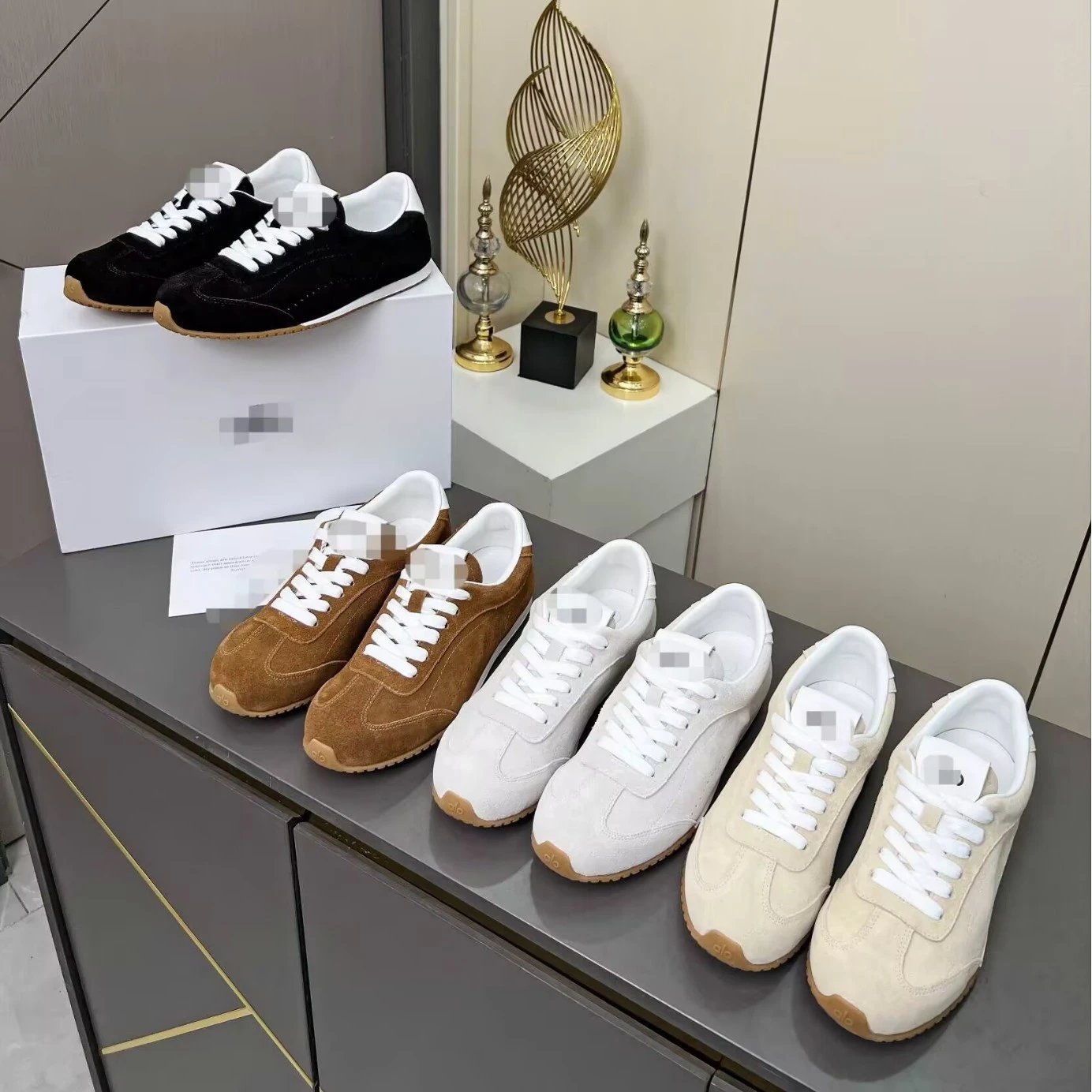 Alo Runner Suede Sneakers Tan Brown White Laces Gum Rubber Sole