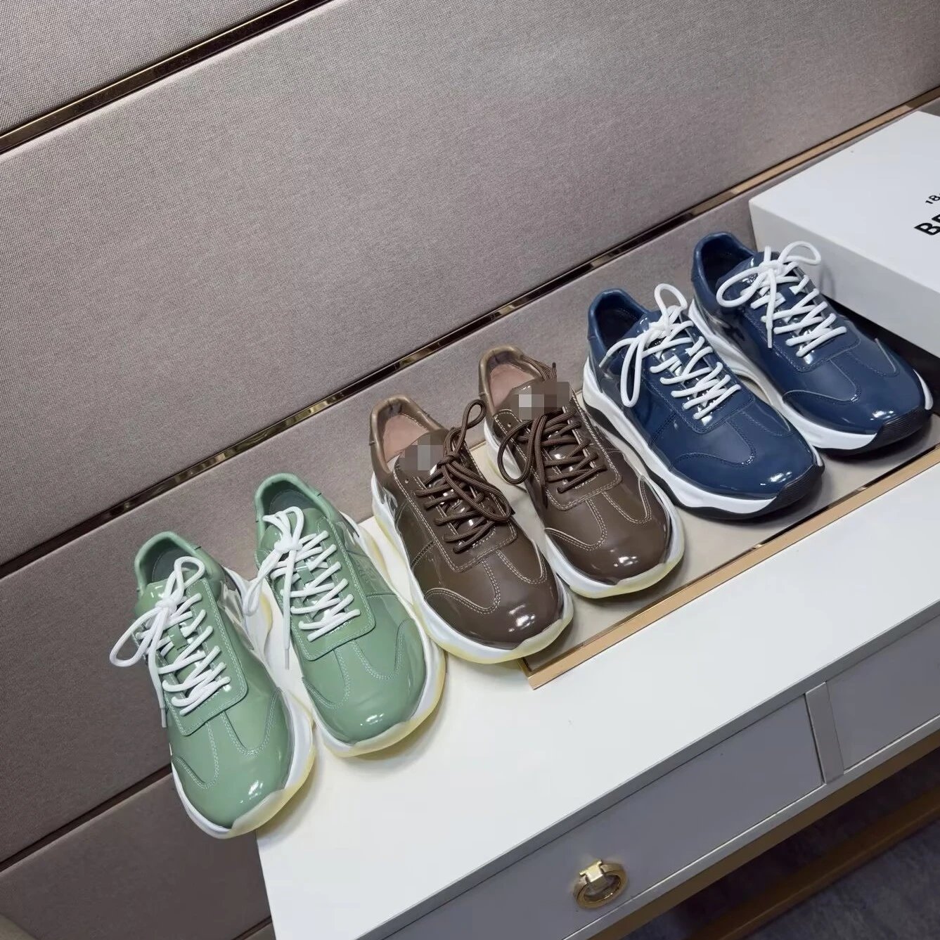 Bally Patent Leather Low-Top Sneakers Glossy Sage Green Taupe Navy White Sole