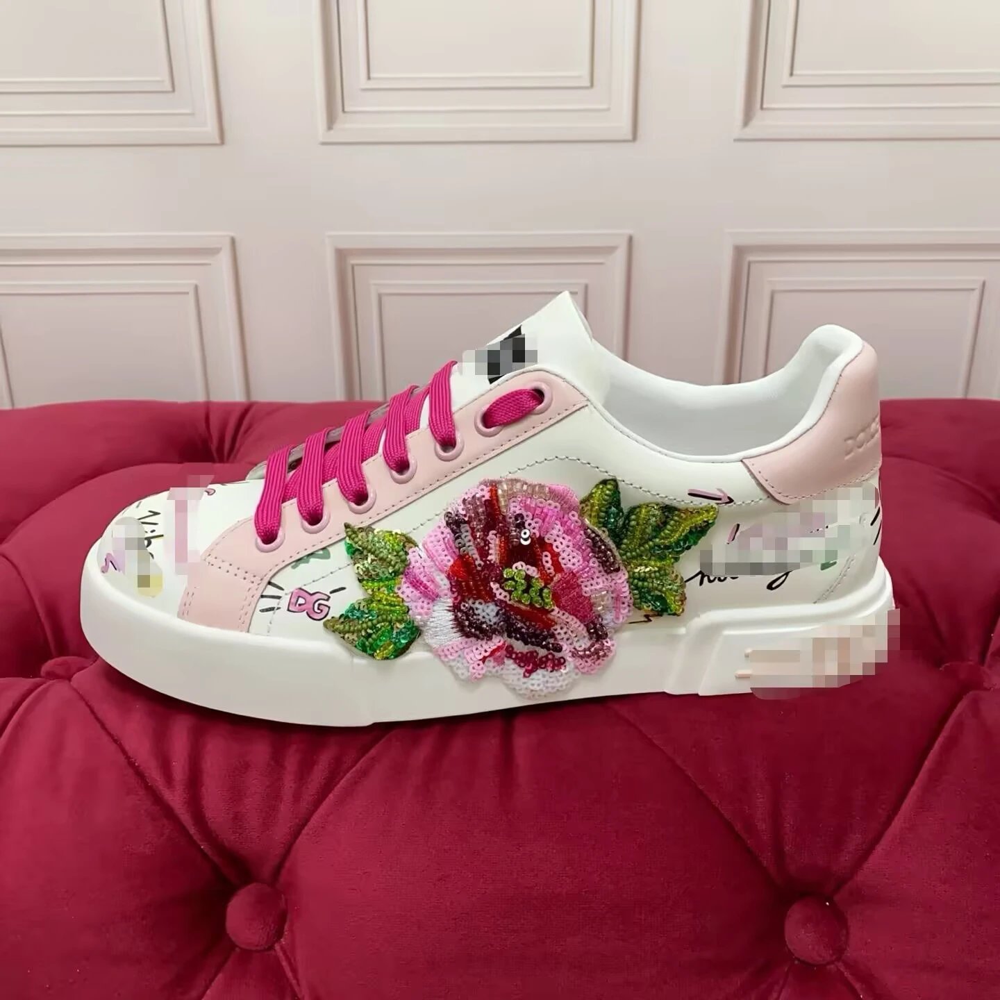 Dolce & Gabbana Portofino White Leather Sneakers with Pink Sequin Rose Embellishment