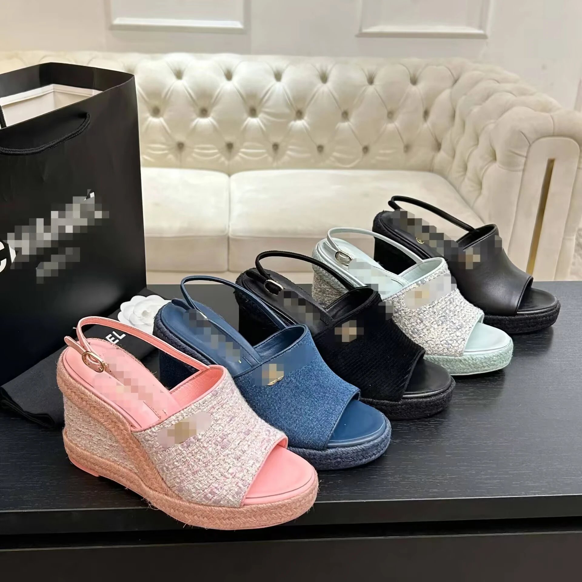 Chanel Women's Pink Tweed Espadrille Wedge Slingback Sandals