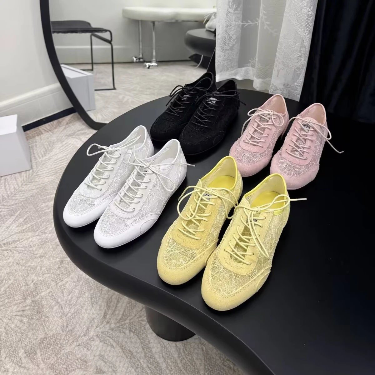 Miu Miu Women's Floral Lace Sneakers Yellow Suede Trim Low-Top Lace-Up Trainers