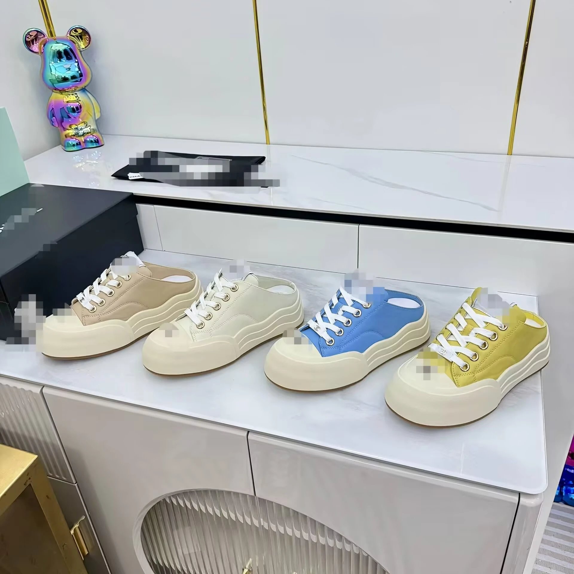 Chanel Platform Mule Sneakers Women's Lace-Up Backless Leather Shoes Multi-Color