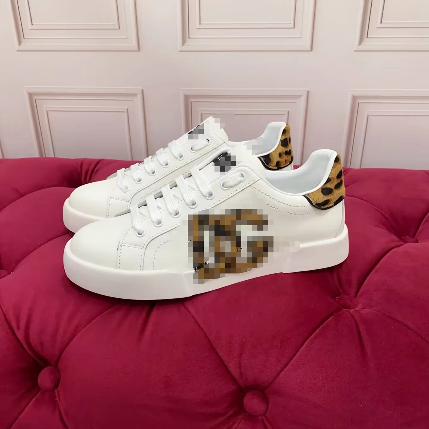 Dolce & Gabbana Portofino White Leather Sneakers with Leopard Print DG Logo