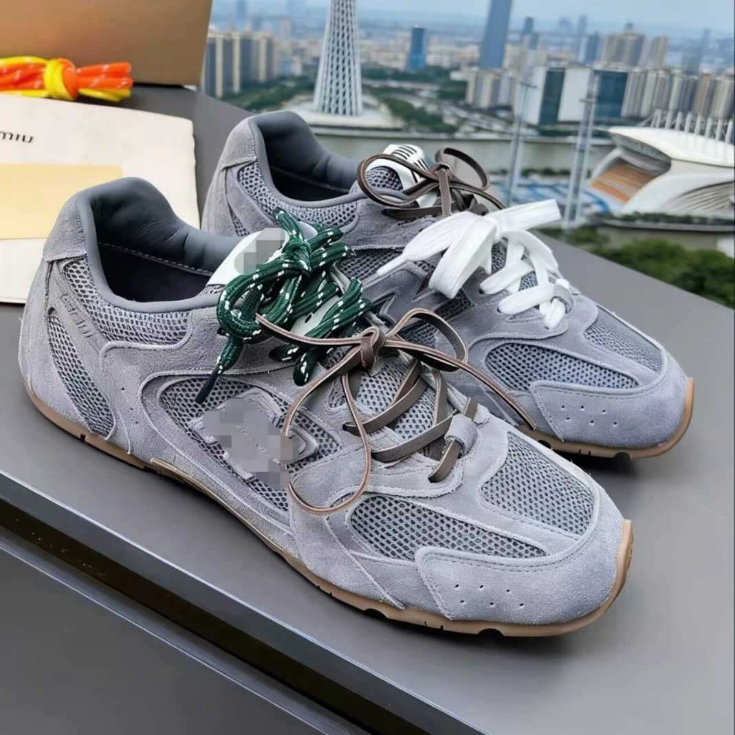 Miu Miu Women's Grey Suede Mesh Runner Sneakers Multi-Lace Gum Sole