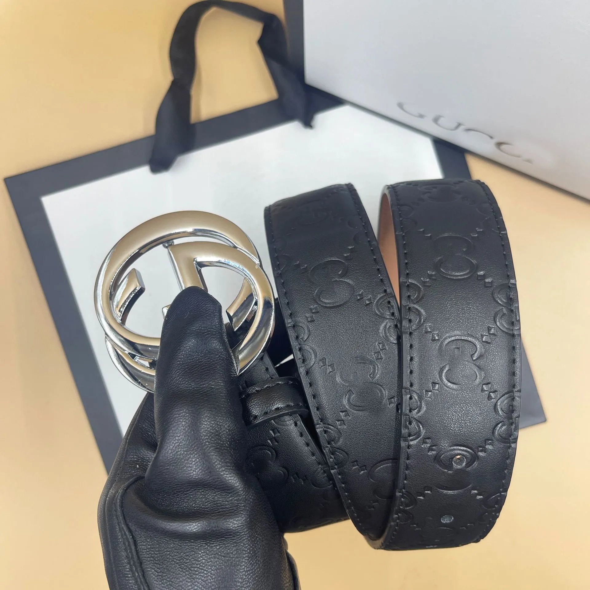 Black Embossed on Beige Base with GG Silver Buckle