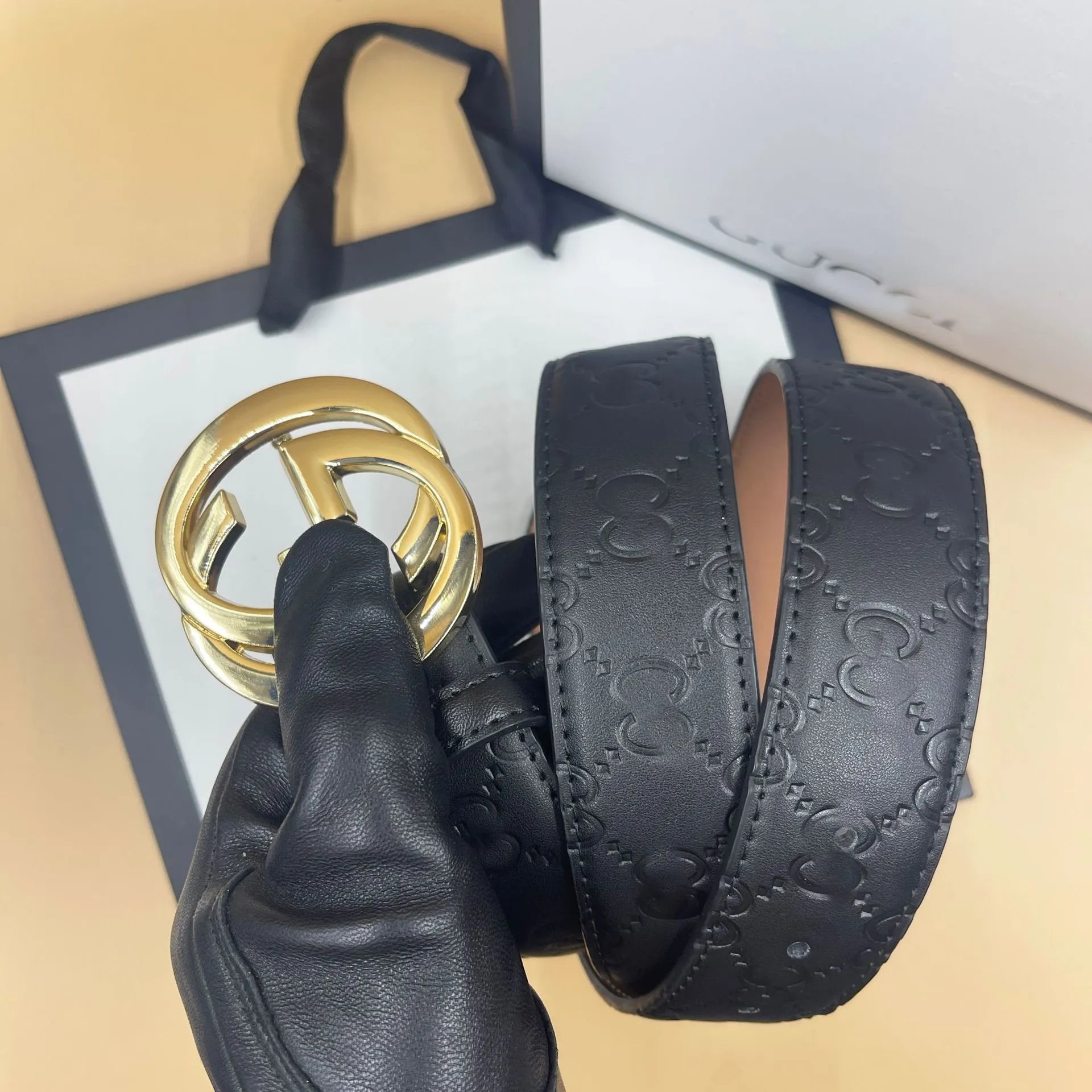 Black Embossed on Beige Base with GG Gold Buckle