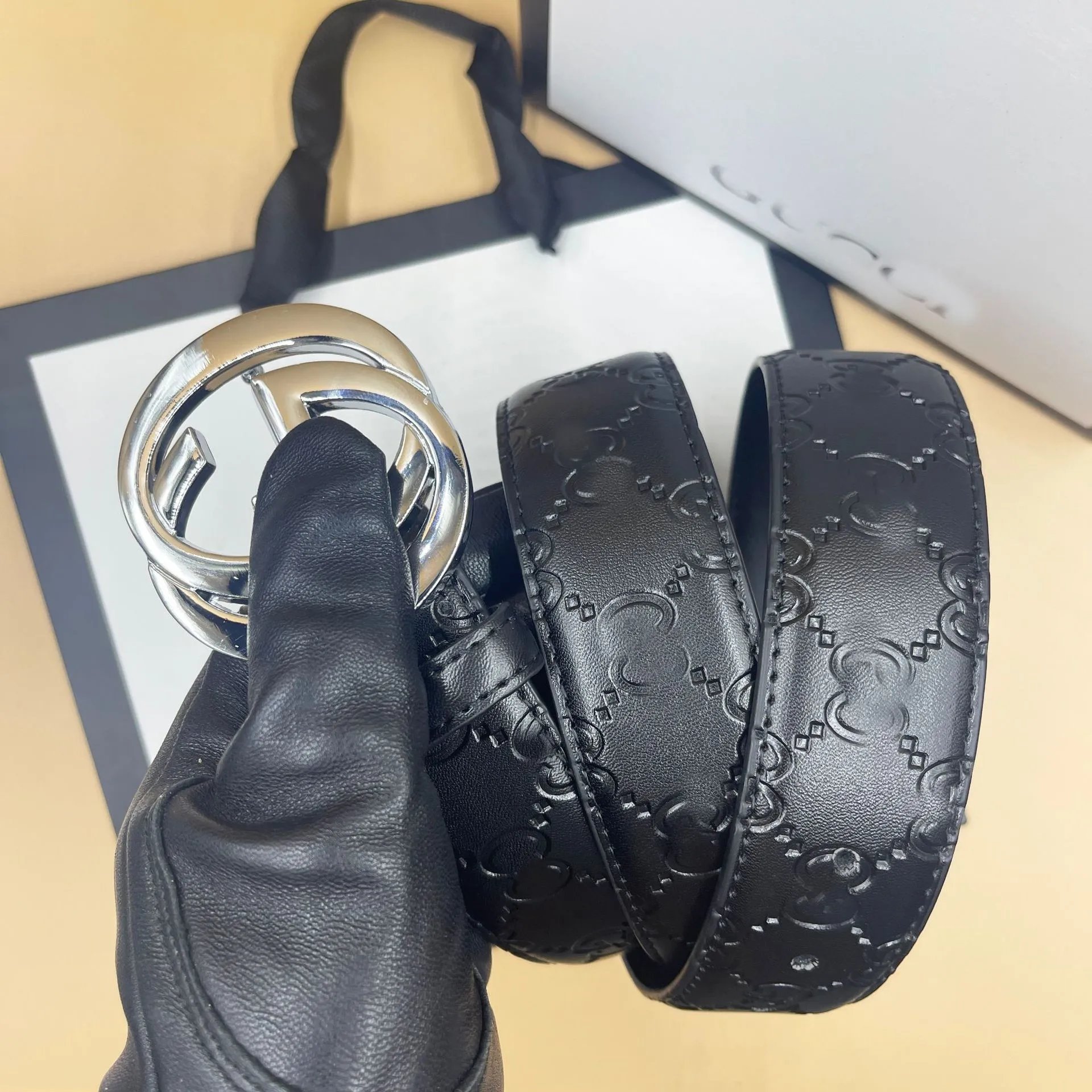 Black Embossed on Black Base with GG Silver Buckle