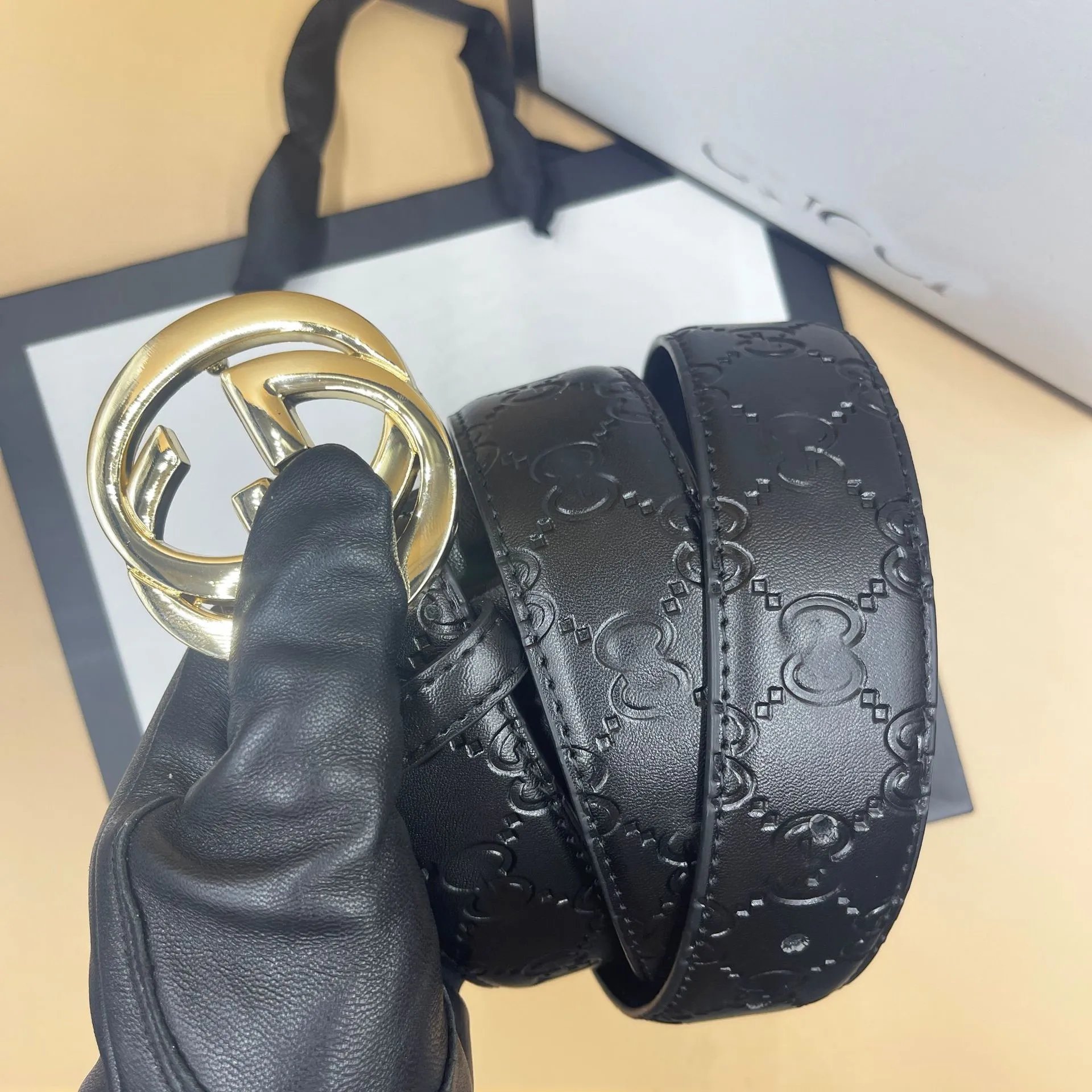 Black Embossed on Black Base with GG Gold Buckle