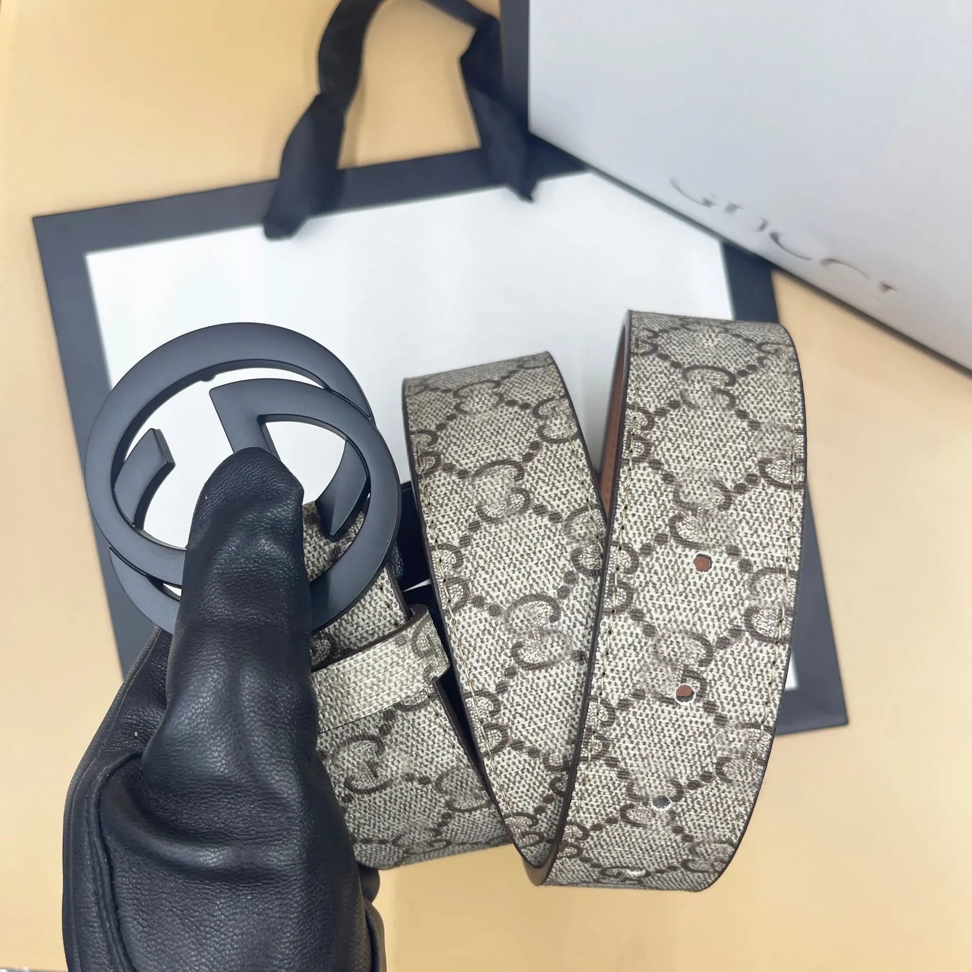 Textured Beige with GG Black Buckle