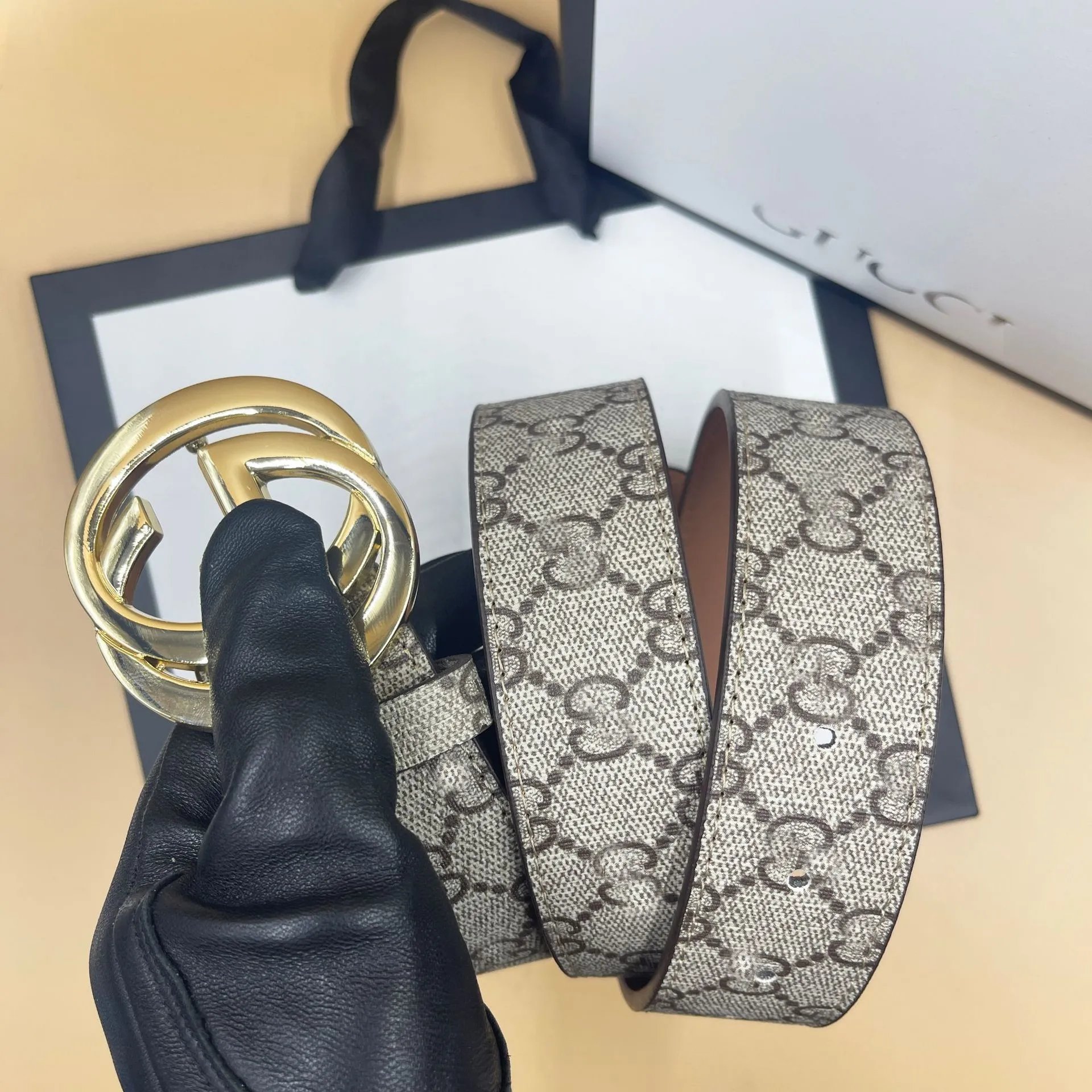 Textured Beige with GG Gold Buckle