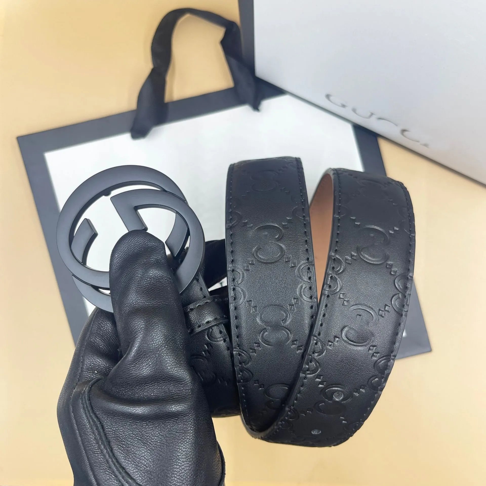 Black Embossed on Beige Base with GG Black Buckle
