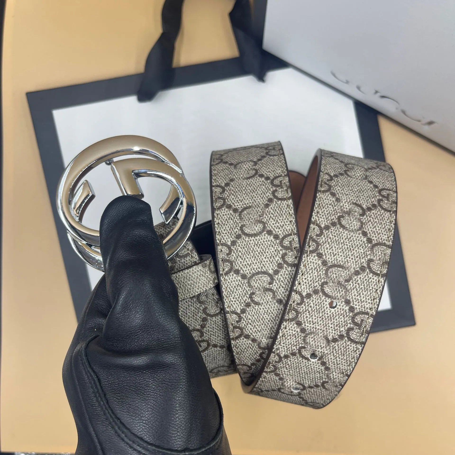 Textured Beige with GG Silver Buckle