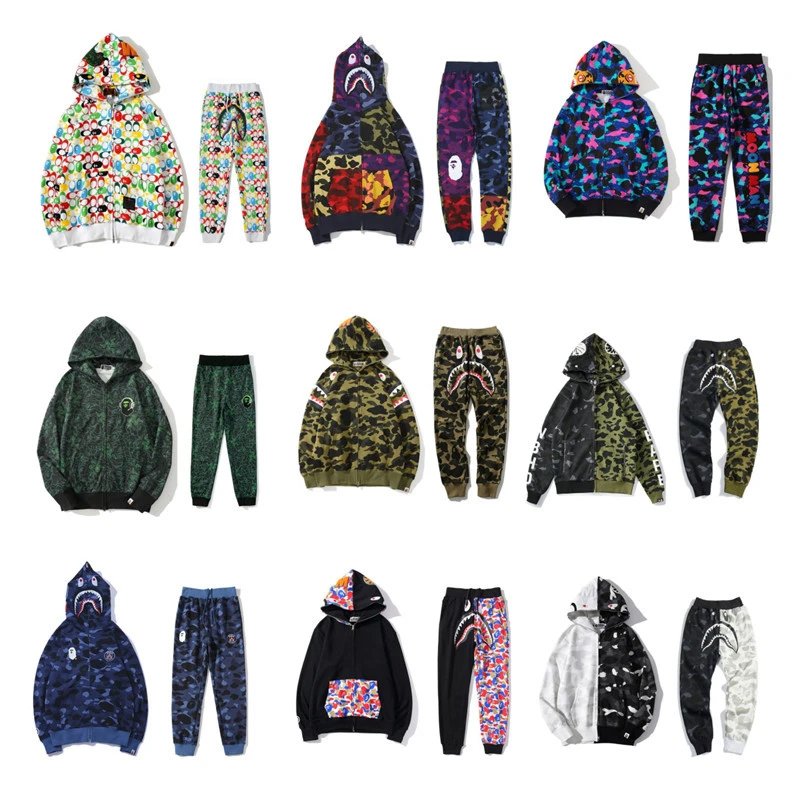 Shark head 3D digital printing men's and women's sweatshirt zipper casual sports hoodie set