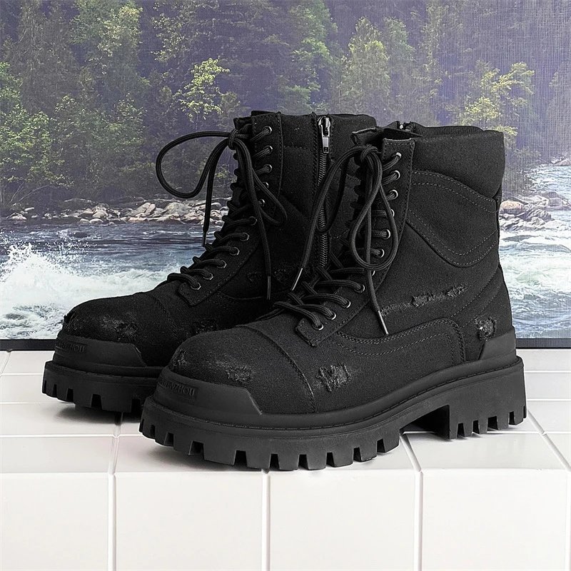 Broken scrap earth wind Martin boots work boots fall and winter 2024 new thick bottom black high-top Paris cowboy biker boots