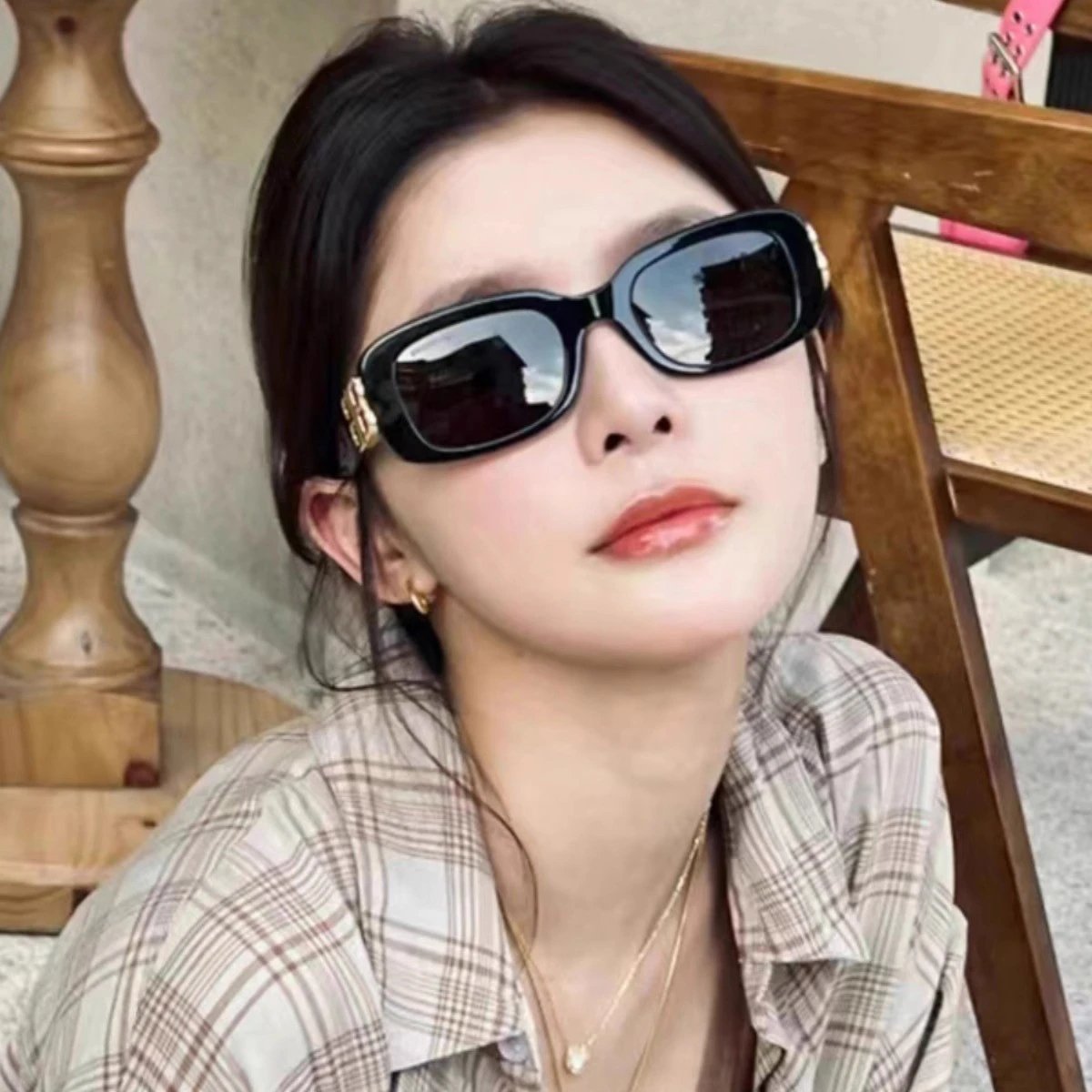 Black Rectangular Sunglasses with Gold Accents