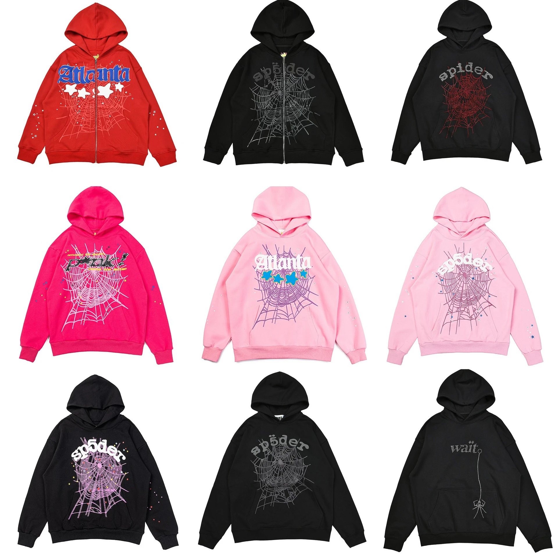 Spider Web Print Zip-Up Hoodies in Red, Black, and Pink