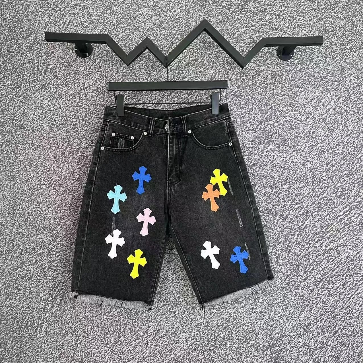 Kid Black Cross Embroidery Denim Shorts