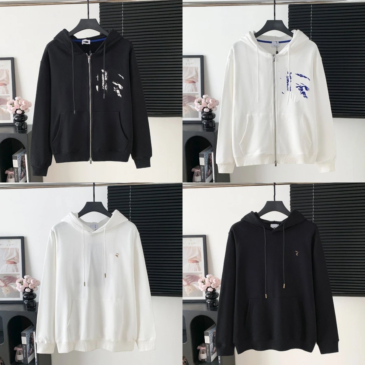 Black and White Zip-Up Hoodies with Front Pockets