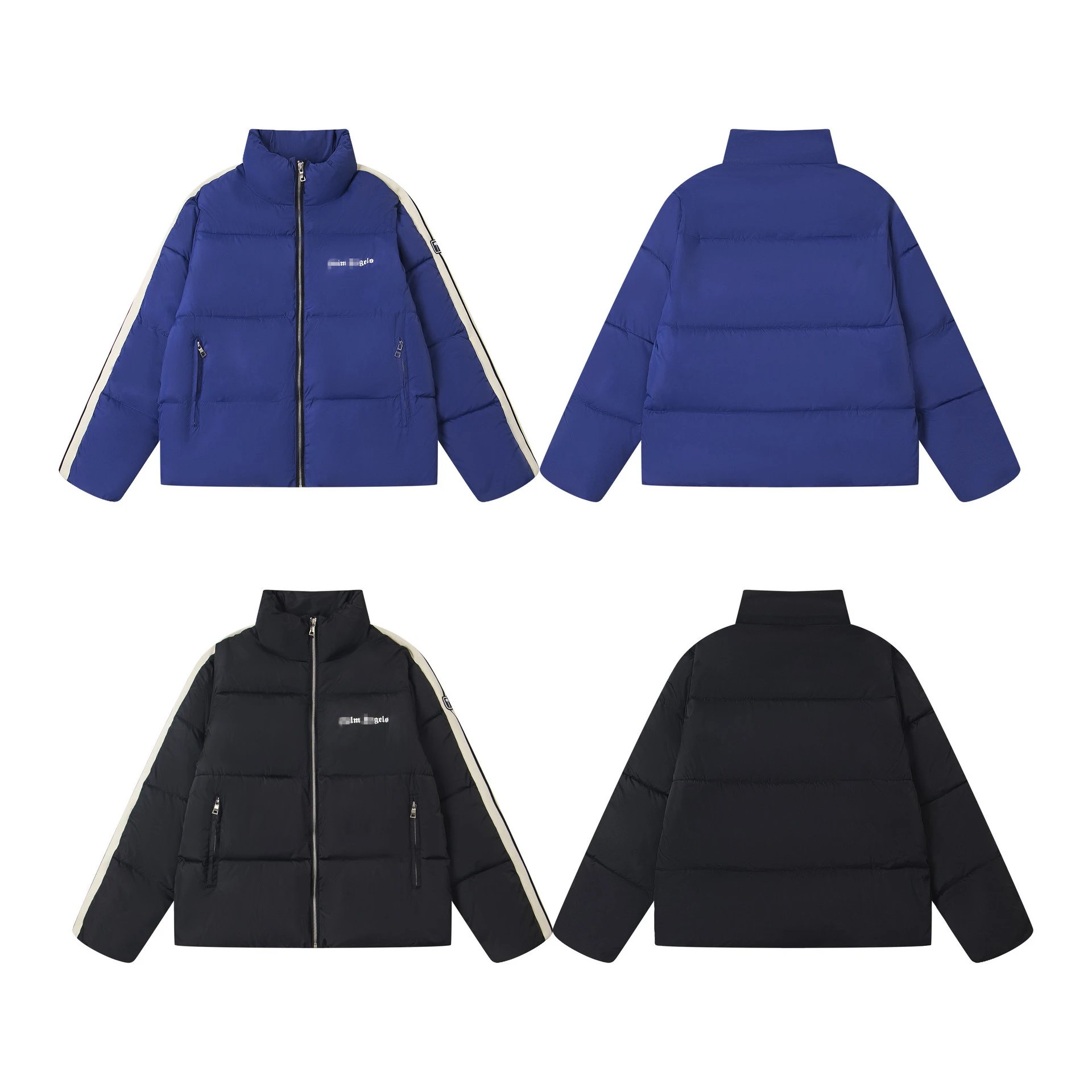 Blue and Black Short Puffer Jackets with White Stripes