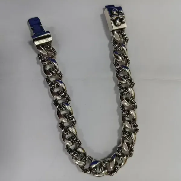 Chrome Hearts Fleur-de-Lis Curb Chain Bracelet Blue Enamel Silver Bracelet - 1