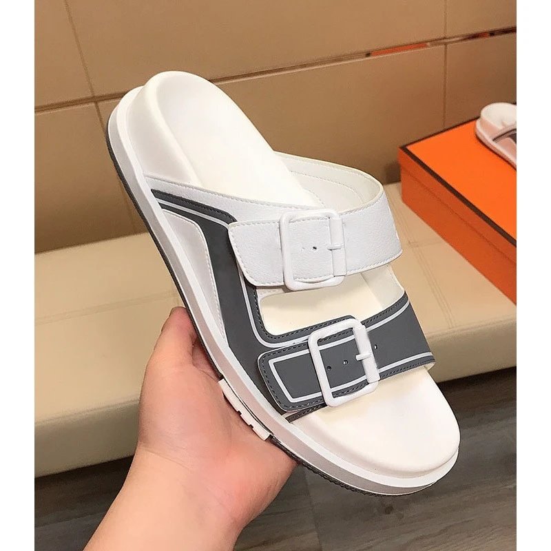 White and Grey Double Buckle Slide Sandals
