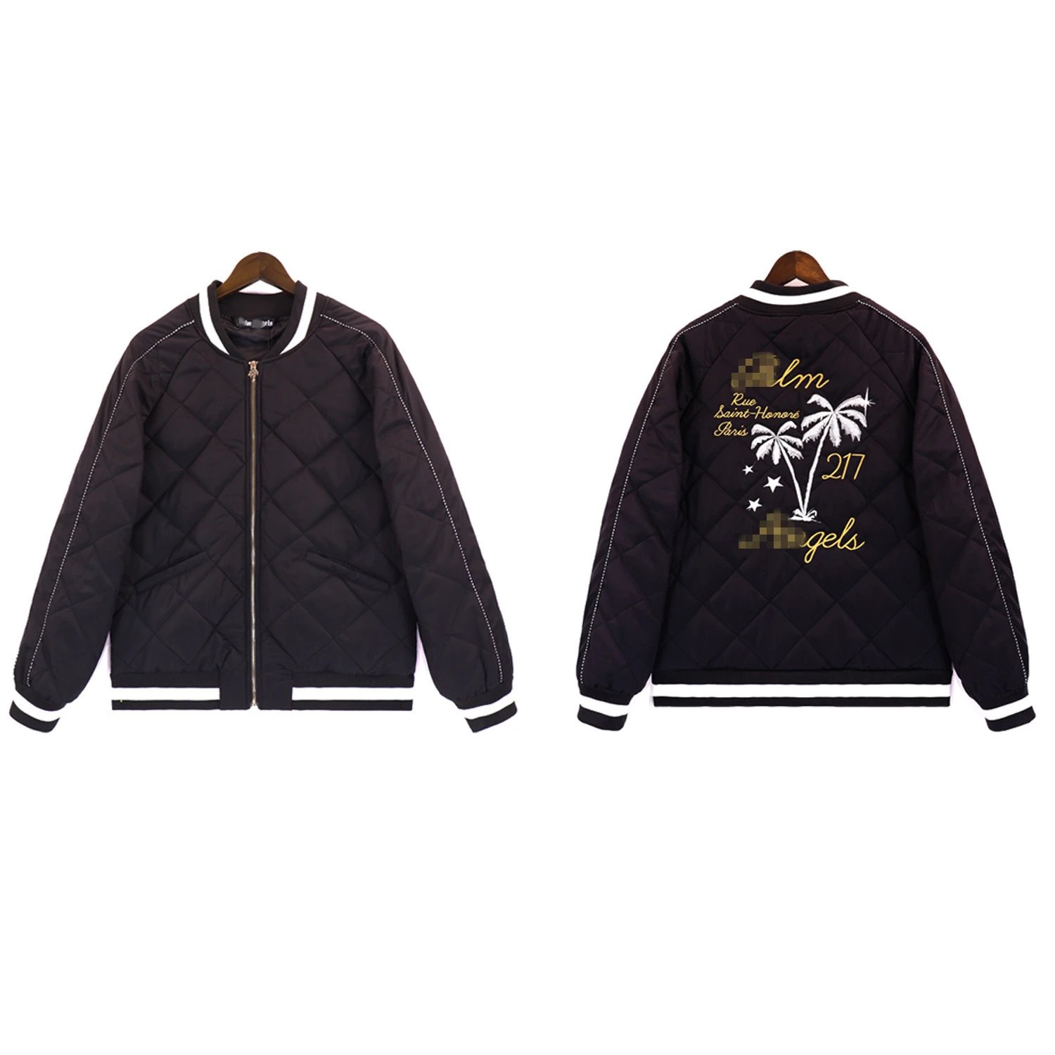 Black Quilted Bomber Jacket with White Trim and Back Embroidery
