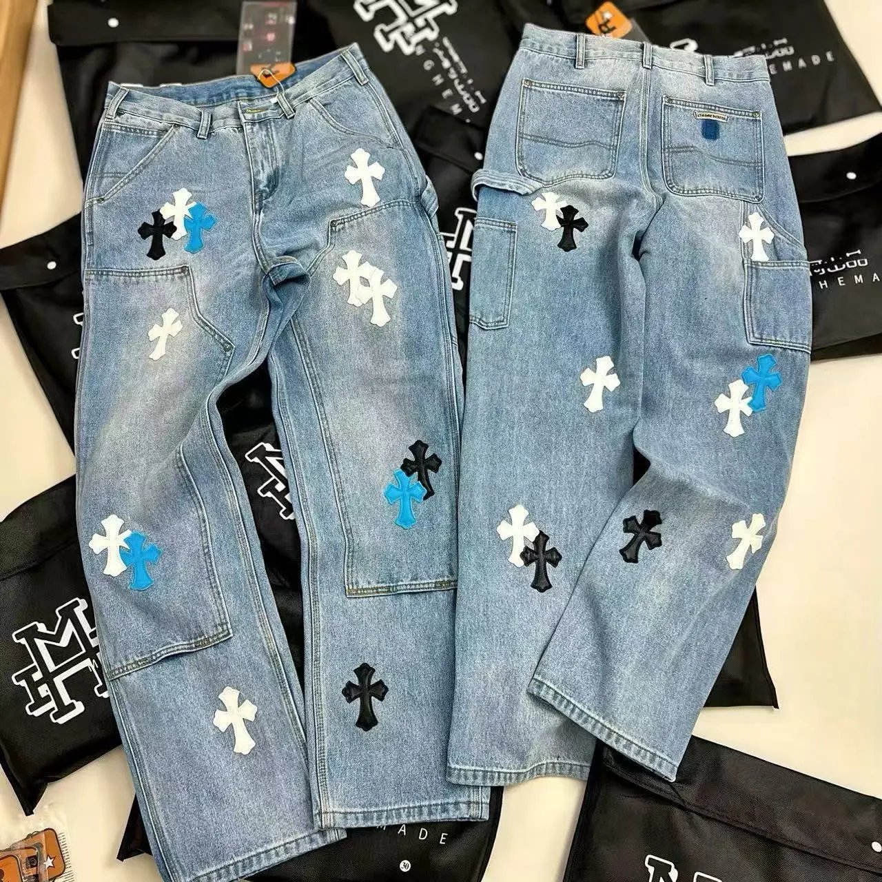 Chrome Hearts Blue Cross Embroidered Jeans