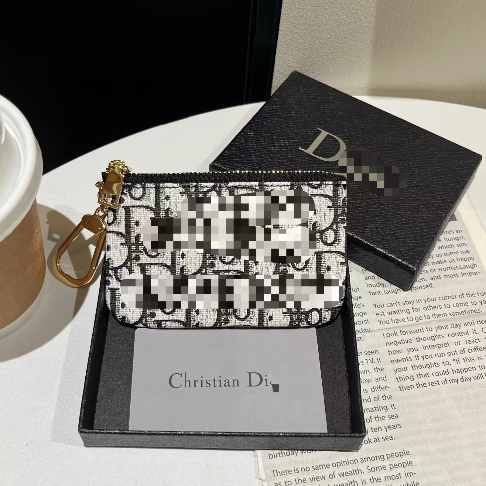 Dior Oblique Print Card Holder with Keychain Black and White Wallet