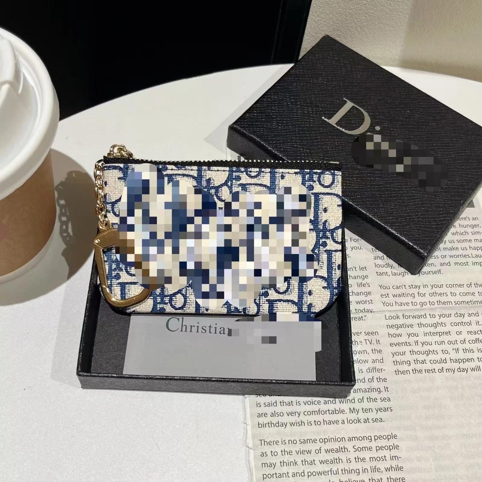 Dior Oblique Canvas Card Holder with Chain Strap Navy and Beige