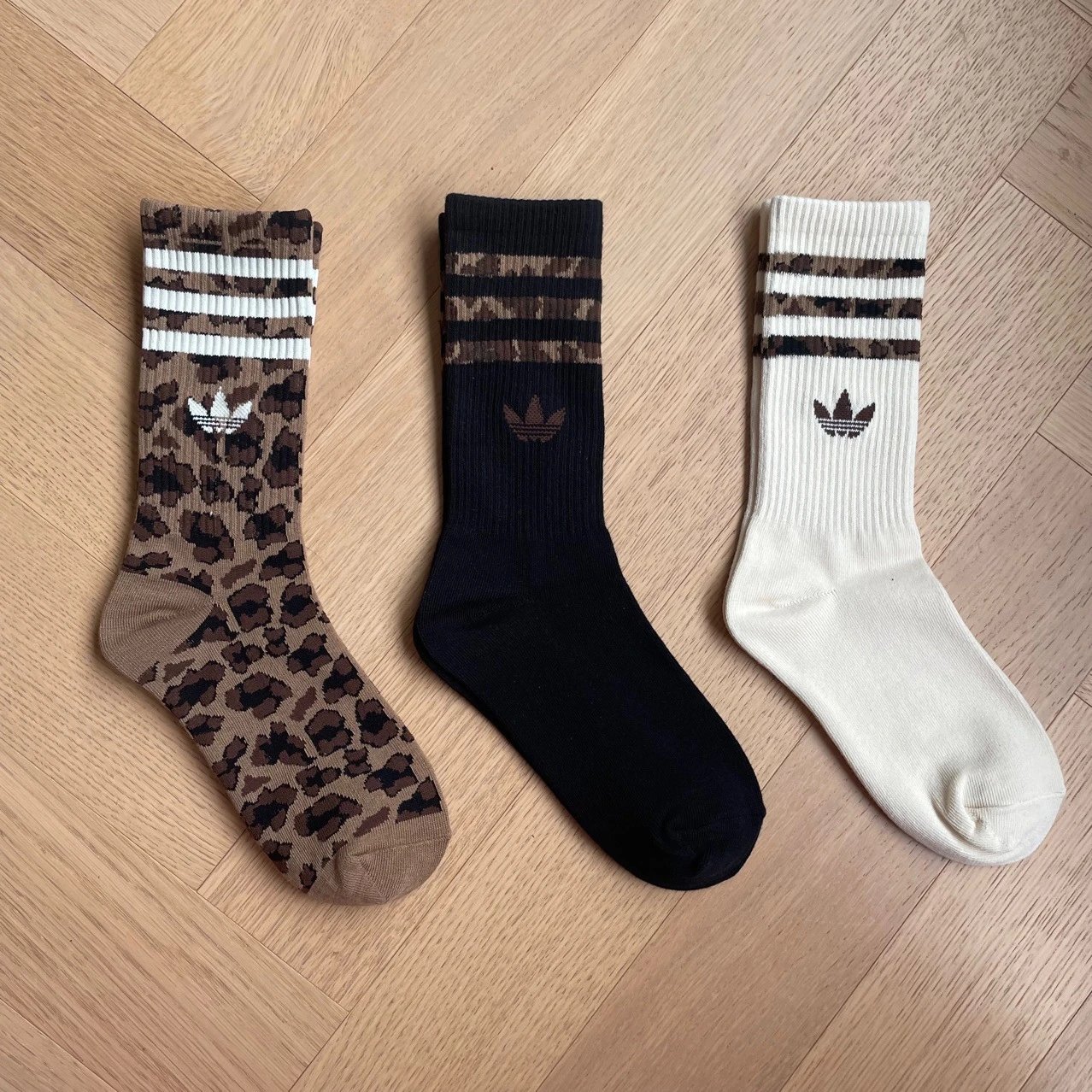 Adidas Leopard Camo, Black, and White Crew Socks