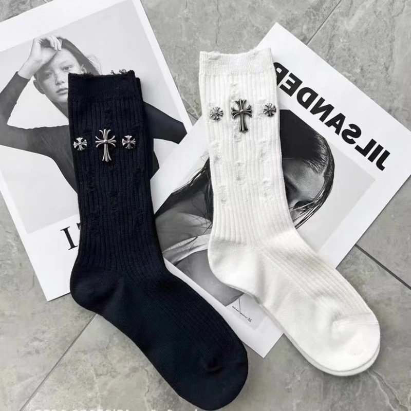 Cross Embellished Knee-High Socks in Black and White