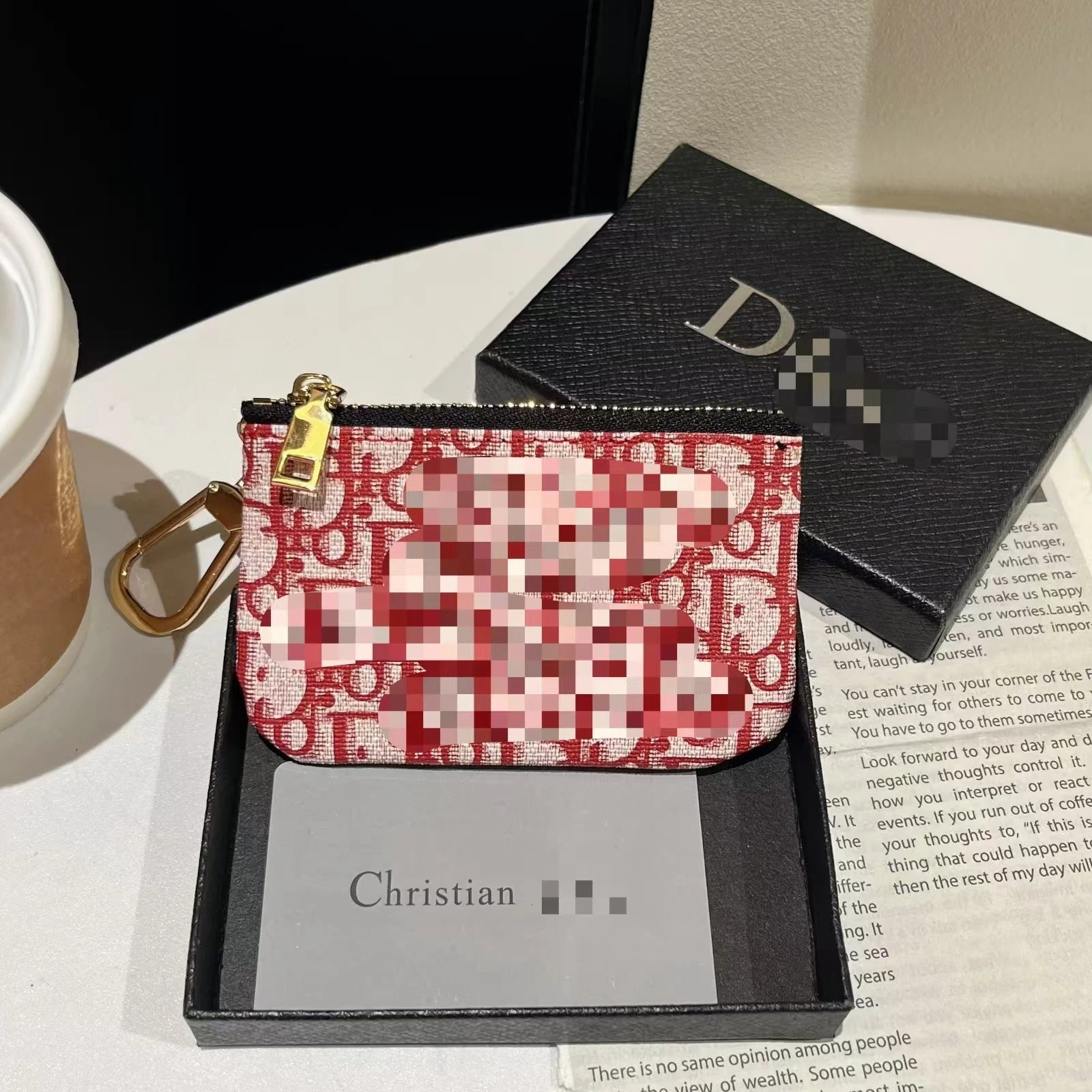 Dior Oblique Red and White Canvas Coin Purse with Gold Hardware