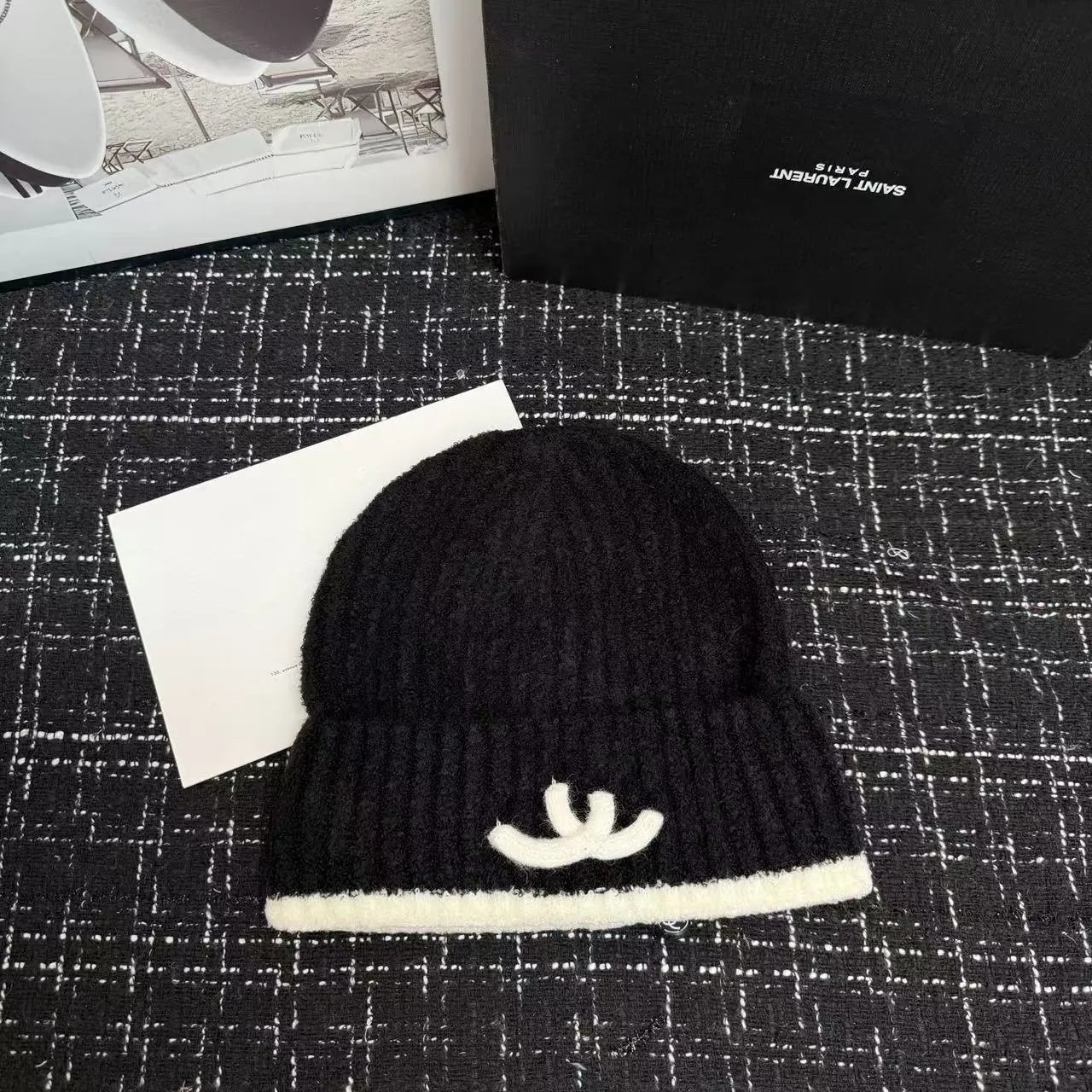 Chanel CC Logo Knit Beanie Black and White - 1