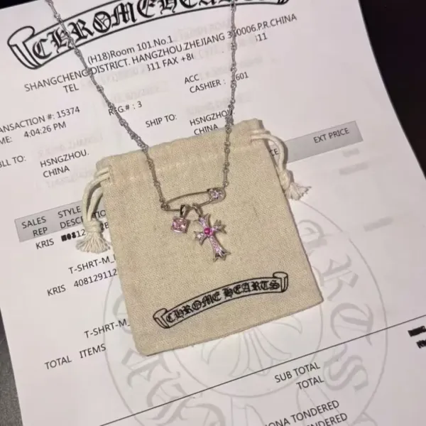 Chrome Hearts Cross Pendant Necklace with Pink Cubic Zirconia and Safety Pin Charm - 5