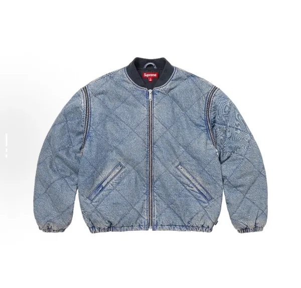Supreme Quilted Denim Bomber Jacket Blue - 1