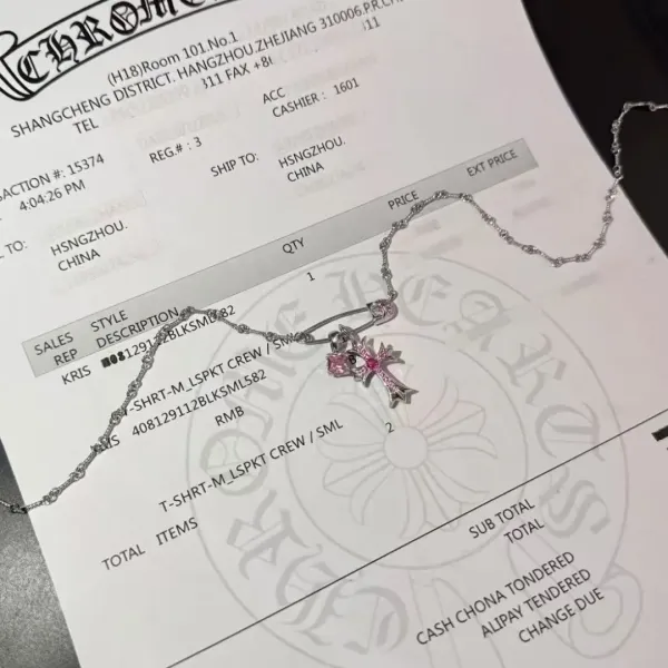 Chrome Hearts Cross Pendant Necklace with Pink Cubic Zirconia and Safety Pin Charm - 4