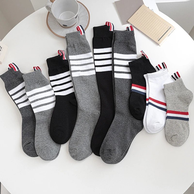 TB Striped Knee-High Socks in Grey, Black, and White