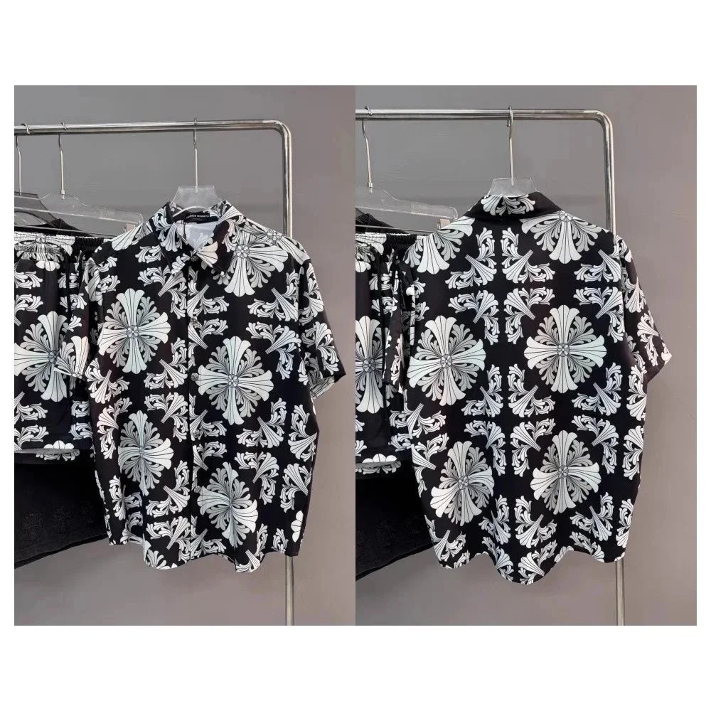 Black and White Floral Short Sleeve Shirt